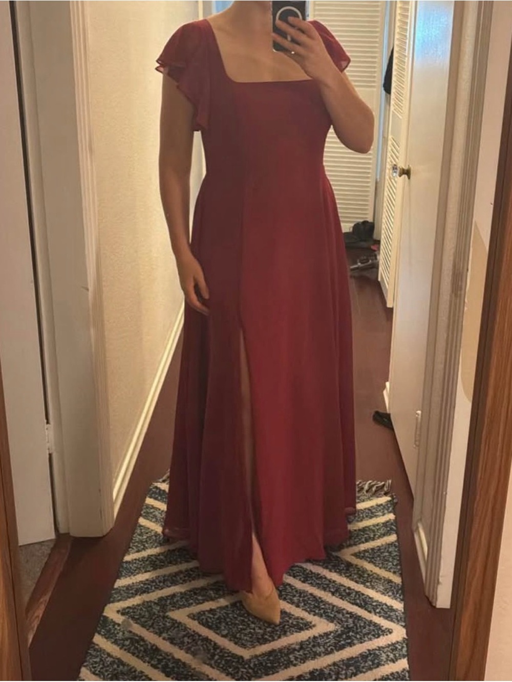 Azazie Burgundy Square-Neck Maxi Dress with Flutter Sleeves